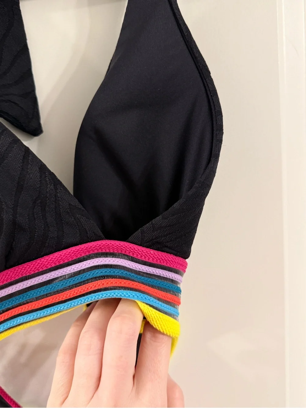 Trina Turk Black Top with Neon Pink and Multi-Color Stripe Trim